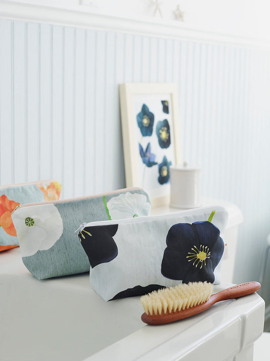 Makeup Bag: White Poppies on Grey