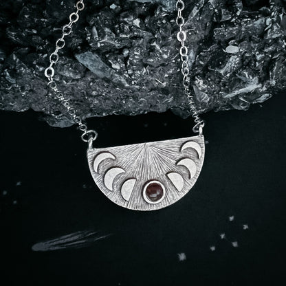 Lunar Eclipse Half Circle Pendant Necklace with Moon Phases and Black Opal