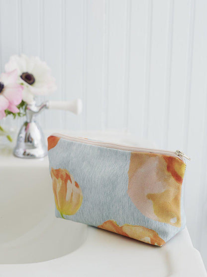 Makeup Bag: Peach Poppies on Grey